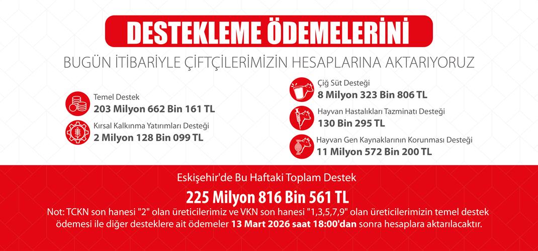 ​Eskişehir'de Bu Haftaki Toplam Destek 225 Milyon 816 Bin 561 TL
